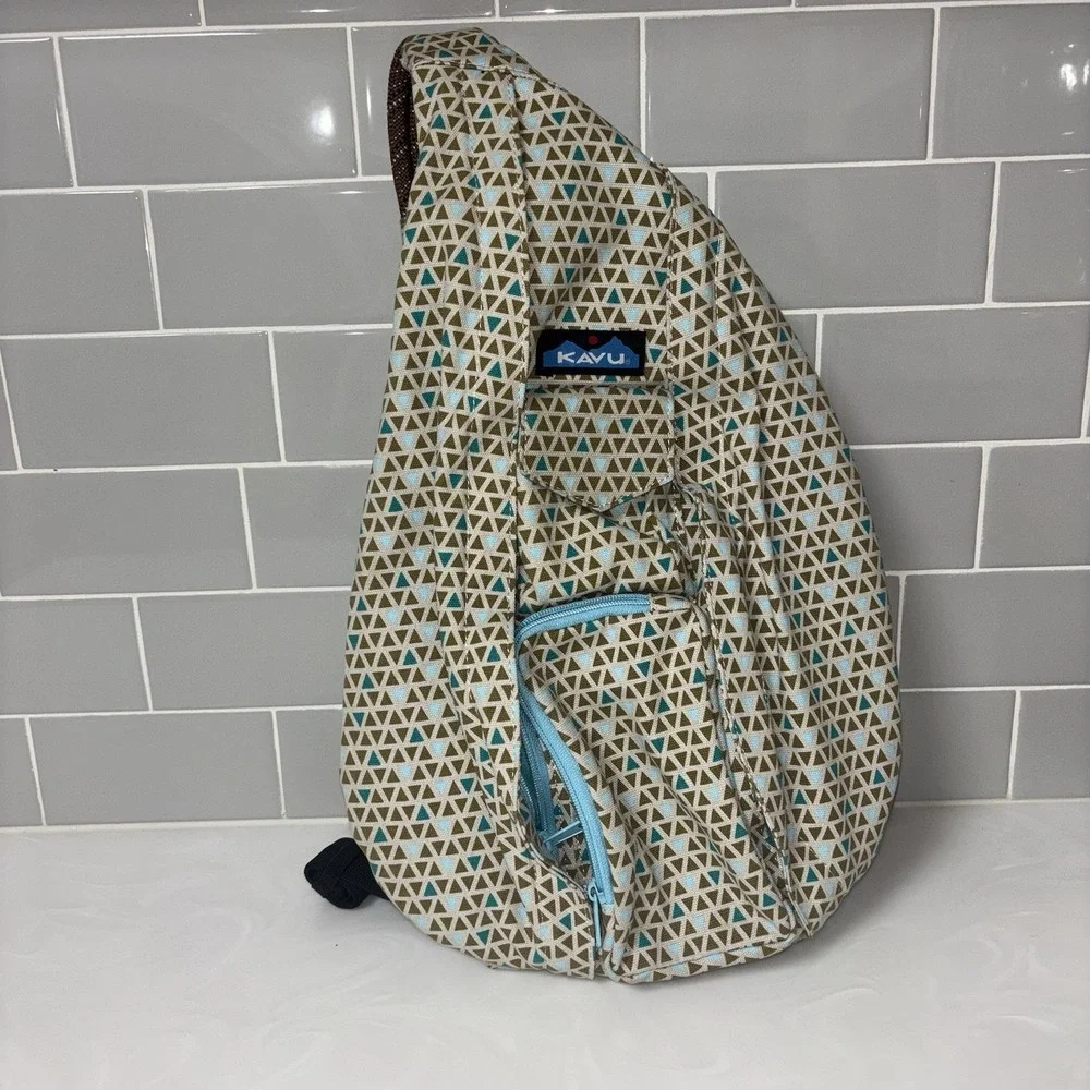 Kavu Rope Sling Bag Backpack Beige Teal/Brown Triangle Geometric Mini Specks